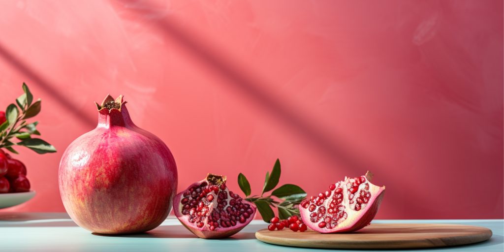 Editorial image of pomegranates against a pink background