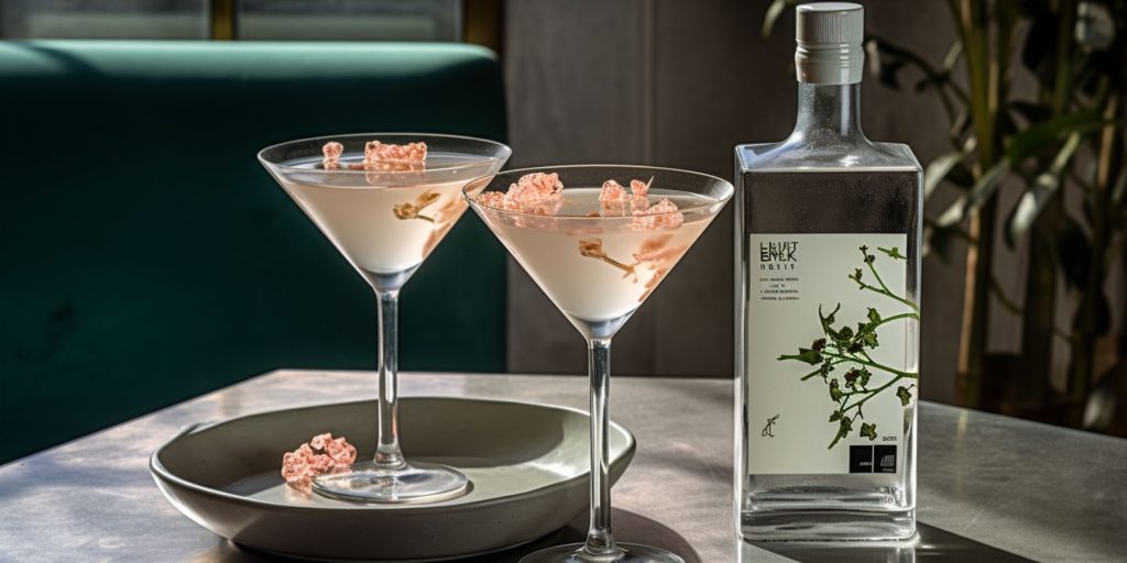 A pair of Hanamizaké Martini cocktails in a light bright Japanese indoor setting