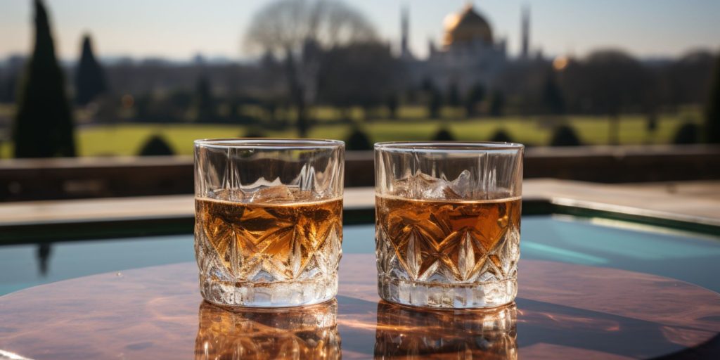 Two tumblers of Indian whiskey on a table overlooking a pool with the Taj Mahal in the distance. 