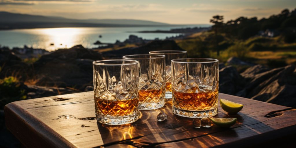Four tumblers of Irish Whiskey on a table overlooking lush green Irish scenery with the shoreline and ocean in the distance