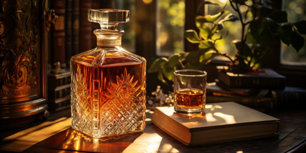 A decanter of whiskey next to a dictionary in a wood panelled home library in daytime 