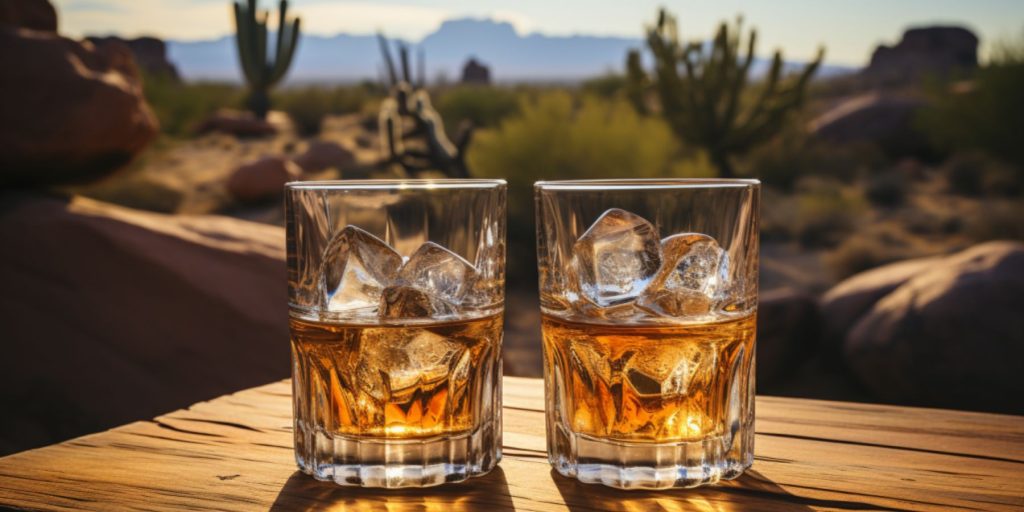 Two tumblers of Mexican whiskey on a table overlooking a desert scene with lovely cacti