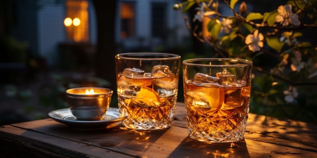 Two tumblers of moonshine on a table in a backyard at dusk with fairy lights in the trees 