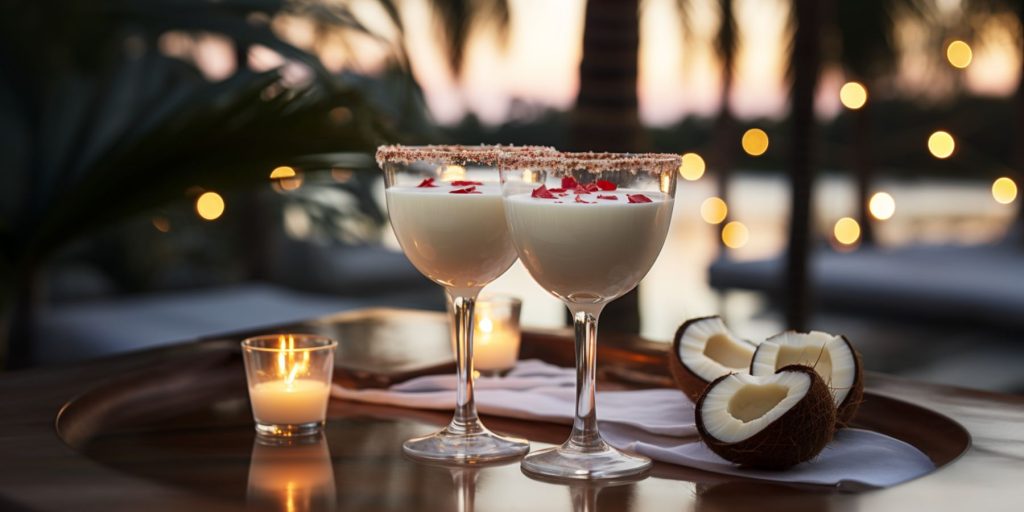 Peppermint coconut martini cocktails at sunset 