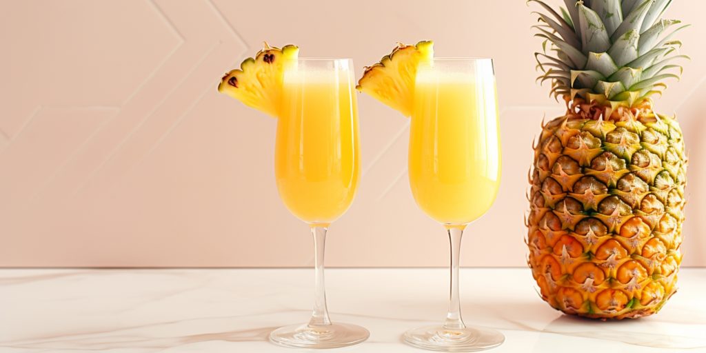 Coconut and Pineapple Mimosa cocktails against a pale pink wall 