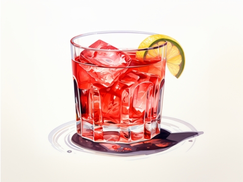 Classic colour pencil illustration of a Rosita cocktail in a tumbler glass