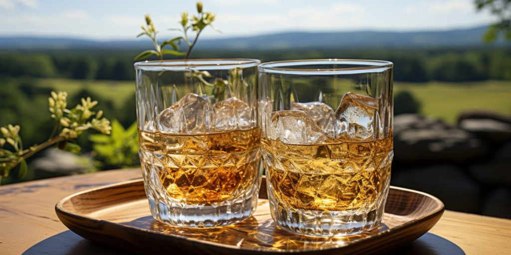 Two tumblers of rye whiskey on a table overlooking a typical Pennsylvania nature scene