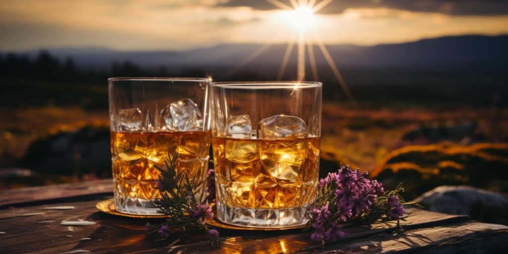 Two tumblers of whiskey overlooking a view of the Scottish Highlands with a sprig of purple heather beside it 