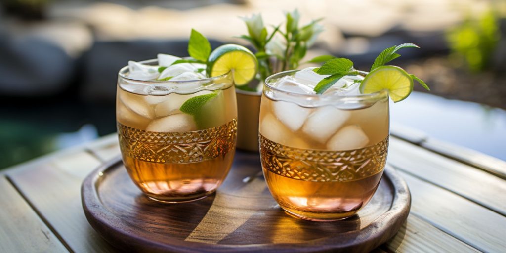 A pair of Shikoku Mule cocktails in a light bright indoor Japanese setting