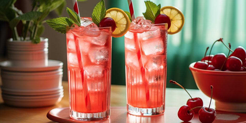Two Shirley Temple grenadine cocktails with lemon, mint and cherry garnish