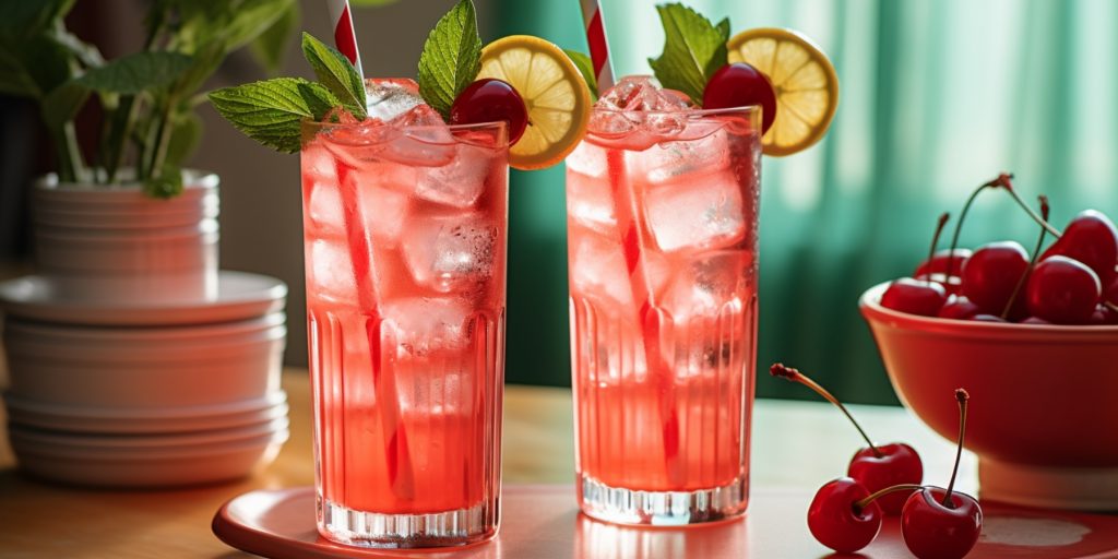 Two Shirley Temple grenadine cocktails with lemon, mint and cherry garnish