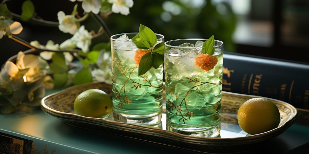 A pair of Shochu Apple Sour Cocktails in gilded flower-print glasses in a light bright Japanese home setting