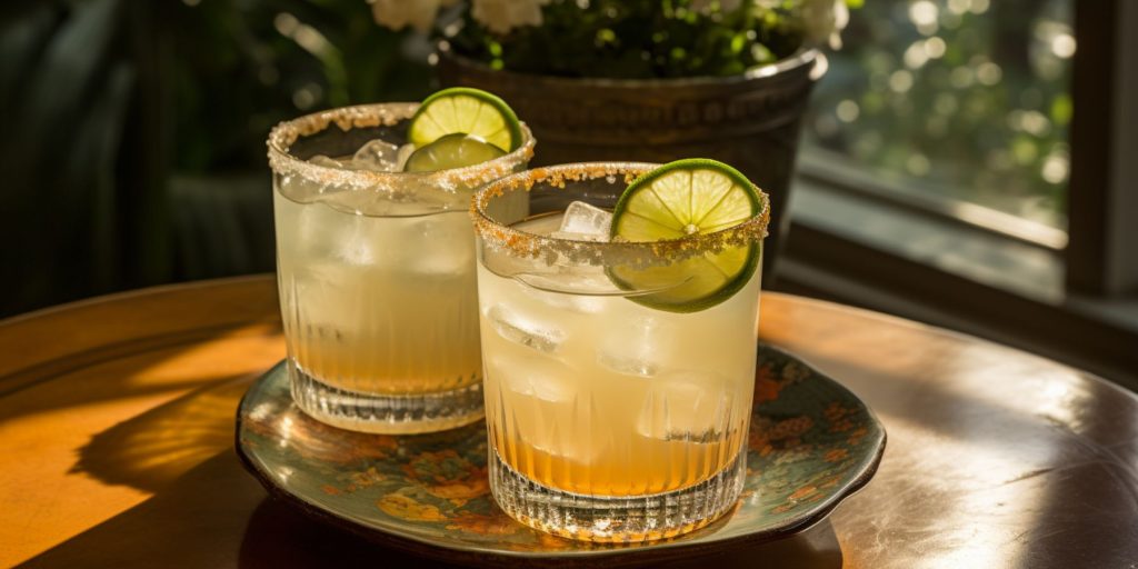 A pair of Shochu Margarita cocktails in a light bright indoor Japanese setting