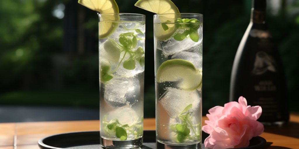 A pair of Shochu and Tonic cocktails in a light, bright indoor Japanese setting 