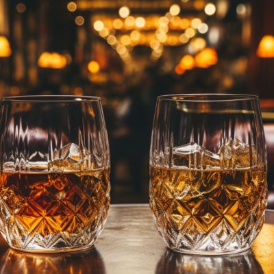 A tumbler of single malt whiskey and blended whiskey next to one another on a table in a whiskey bar next to two leather chairs