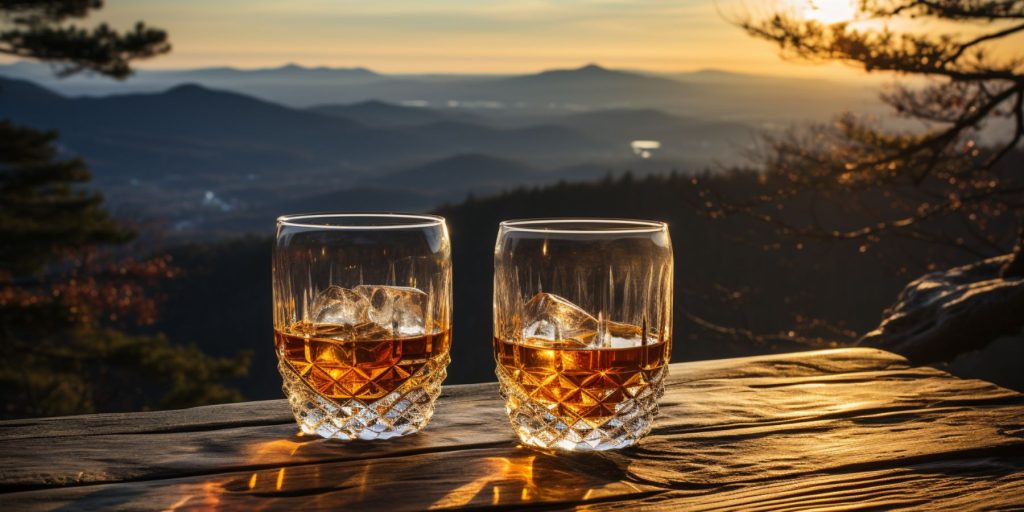 Two tumblers of Tenessee whiskey on a table overlooking views of the Smoky Mountains at dusk