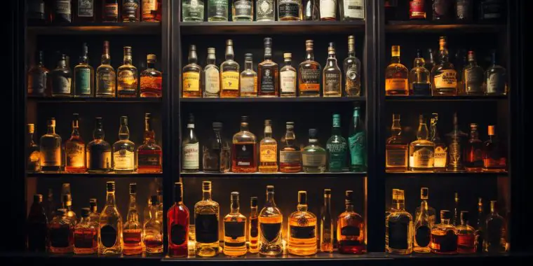 Wide shot of a cabinet behind a bar filled with different types of whiskey all in different bottles