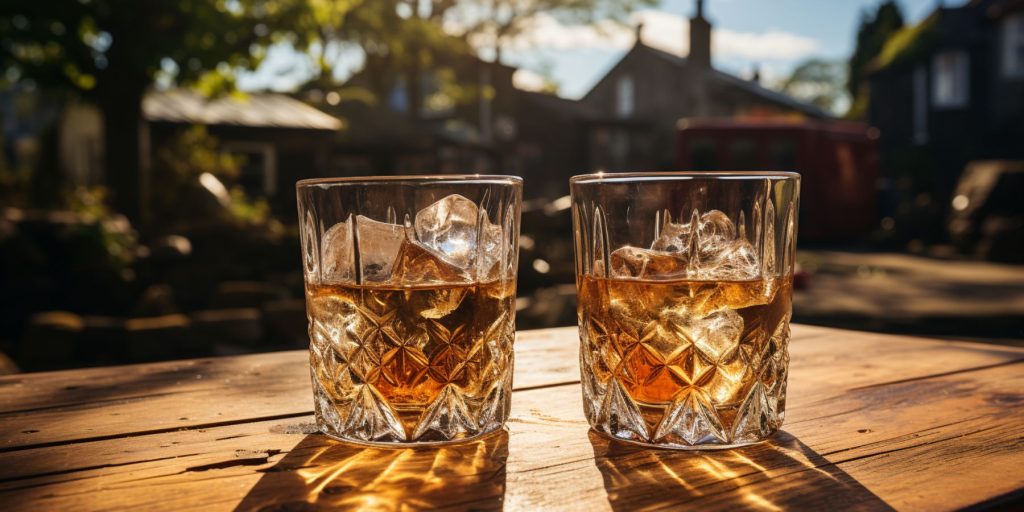 Two tumblers of Welsh whiskey on a table at a typical Welsh pub