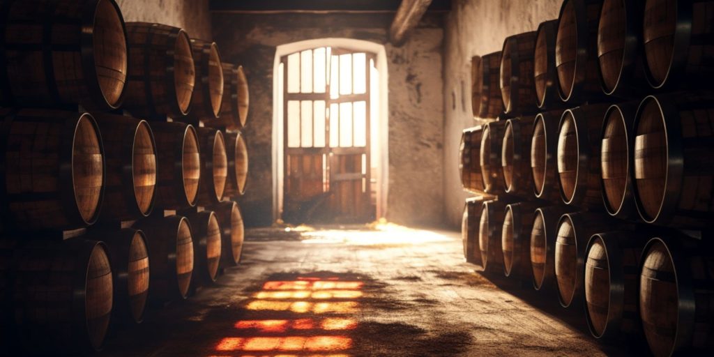 Wide shot of whiskey casks in a cellar with light streaming in through an open door 