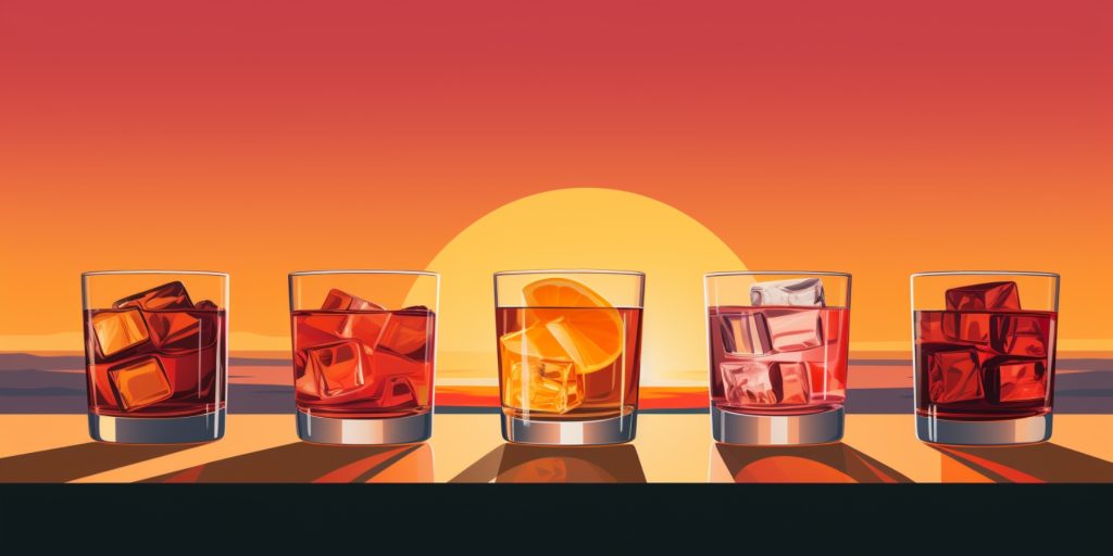 Illustration of Negroni variations for Negroni Week at sunset