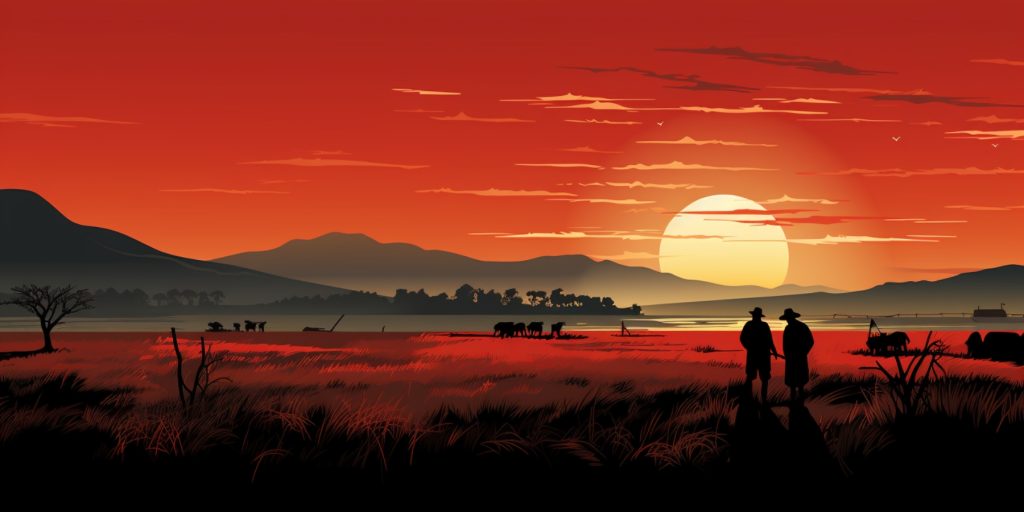 Illustration of farmers on vast farmland in silhouette at sunset 