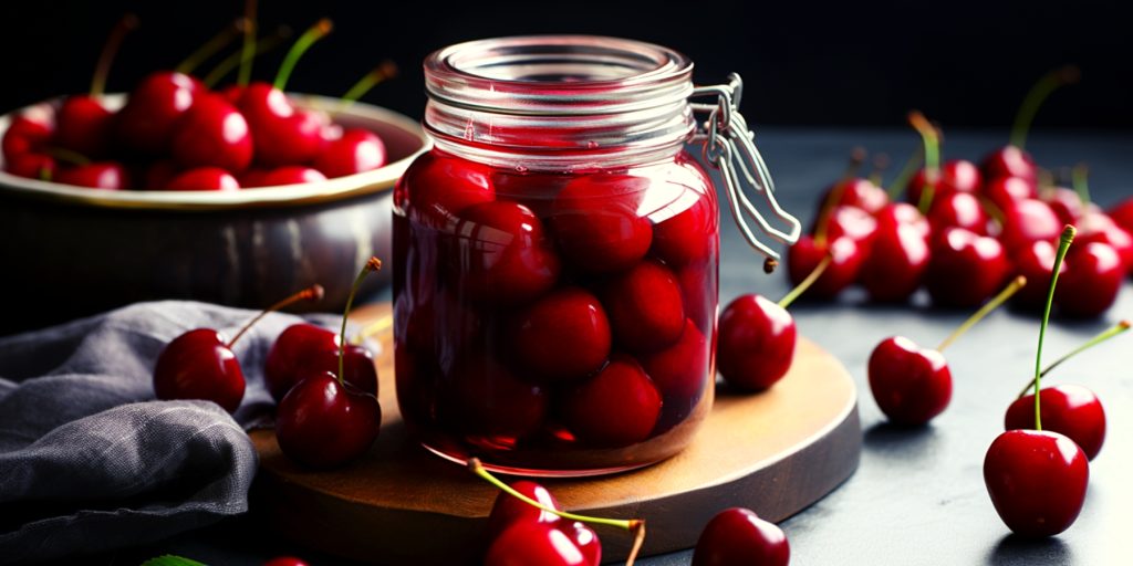 Jar of homemade cocktail cherries in a jar