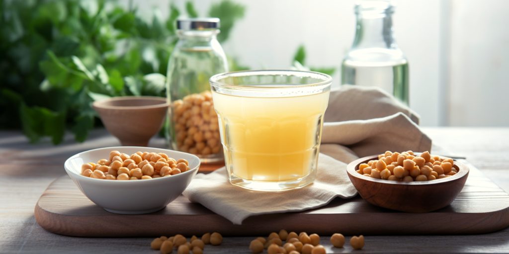 Bowls of chickpeas and a glass of aquafaba