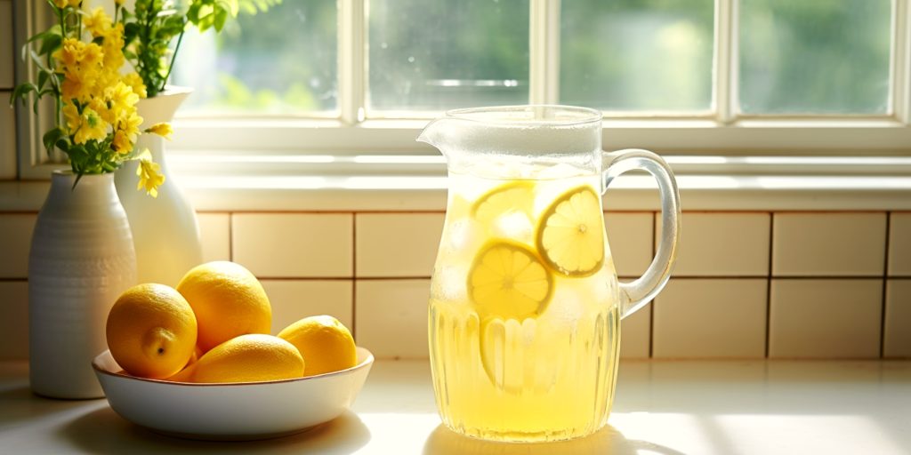 Jug of homemade lemonade with fresh lemon slices