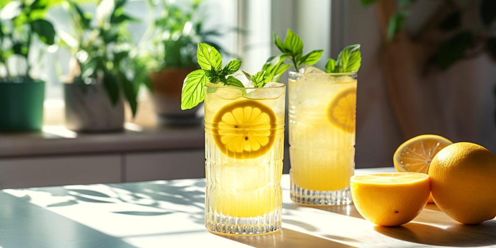 Spiked Basil Lemonades in a brightly-lit kitchen 