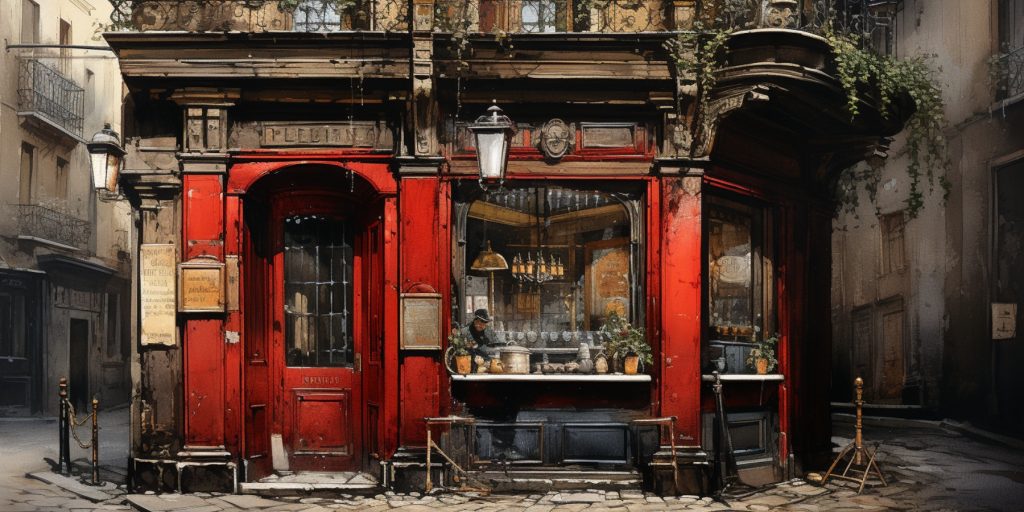 Illustration of a red bar seen from street in Milan