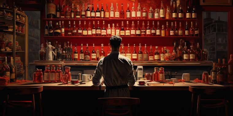 Illustration of a bartender looking at bottles of Campari on a shelf