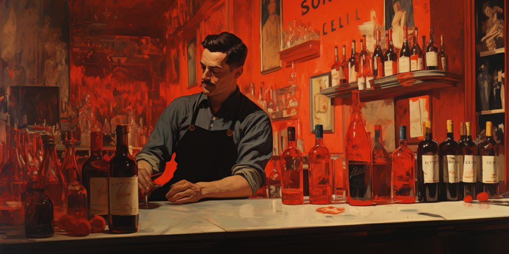 Illustration of a bartender behind the bar, red colour theme