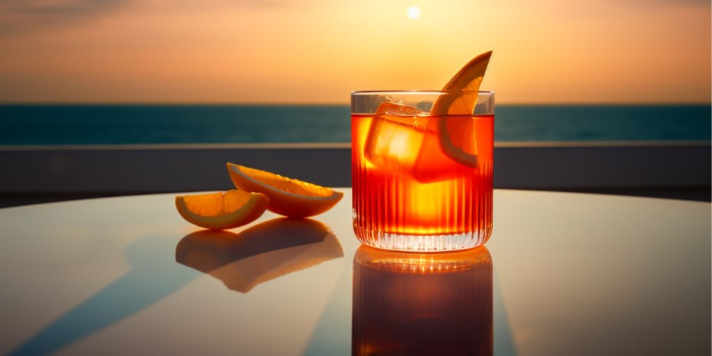 An Aperol Negroni served at sunset