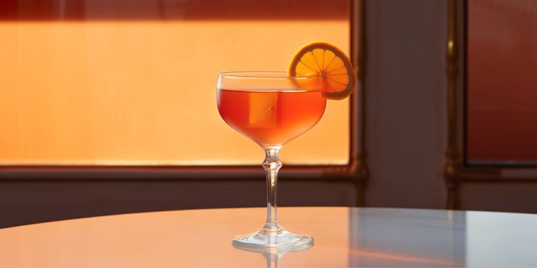 A simplistic image of a Gloria cocktail in a coupe glass with orange wheel garnish