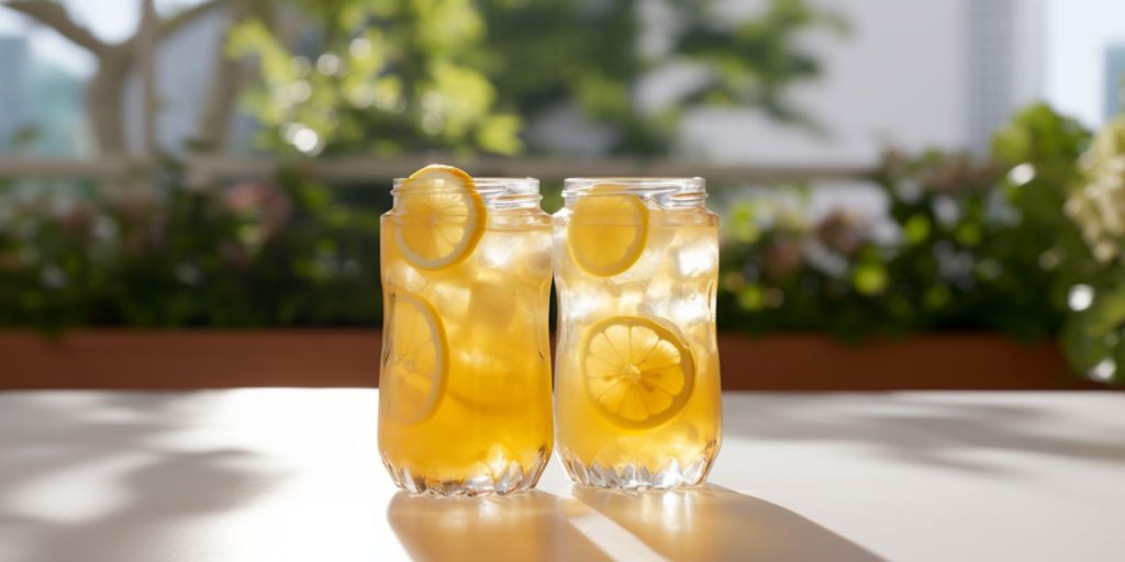 Two Bourbon Radler cocktails on a table outside in the sunlight with greenery in the background 