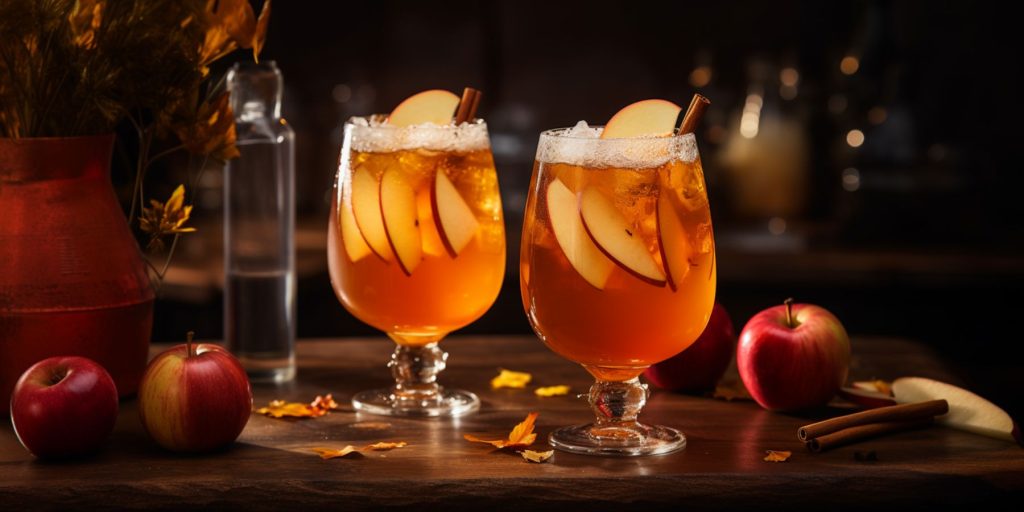 Two glasses of Chilled Spiced Apple Beer Punch in a festive German home setting