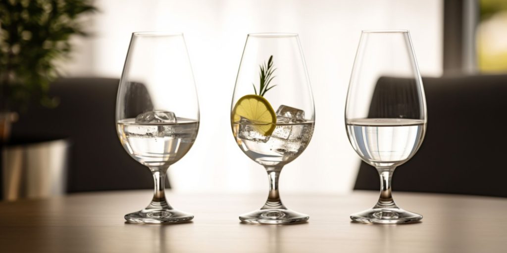 Three tasting glasses of dry gin in a light bright modern home lounge environment