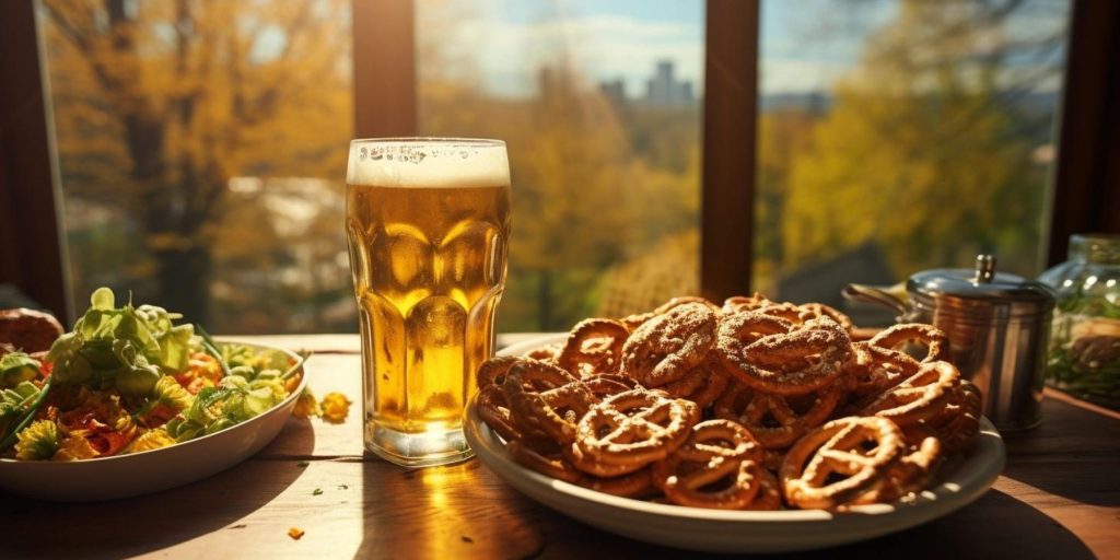 Glass of beer on countertop with plate of pretzels