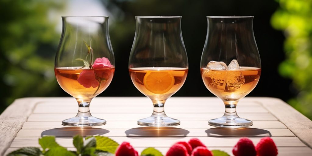 Three tasting glasses of flavoured gin on a table outside in a lush home garden environment