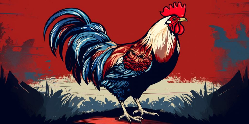 Colour illustration of rooster in French flag colours