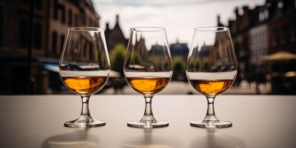 Three glasses of Genever on a table outside in the sunshine showing a typical Dutch cityscape in the background