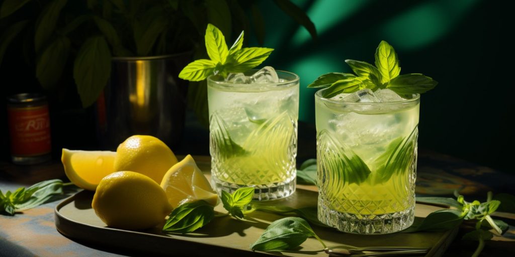 Two glasses of Gin Basil Smash on a table in a German kitchen setting