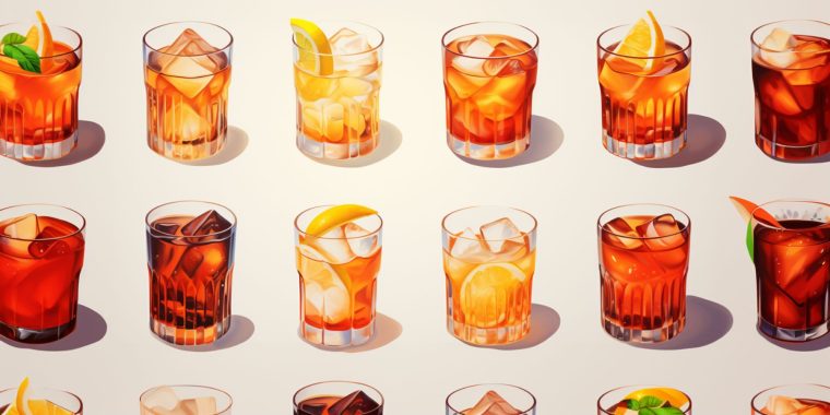 A repetitive pattern of Negroni cocktails on a white backdrop showing Negroni cocktails made with different types of gin in an illustrative style