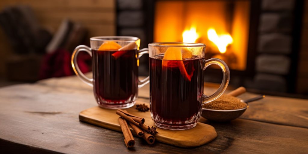 Two mugs of Glühwein in front of a cosy fire in a German home setting
