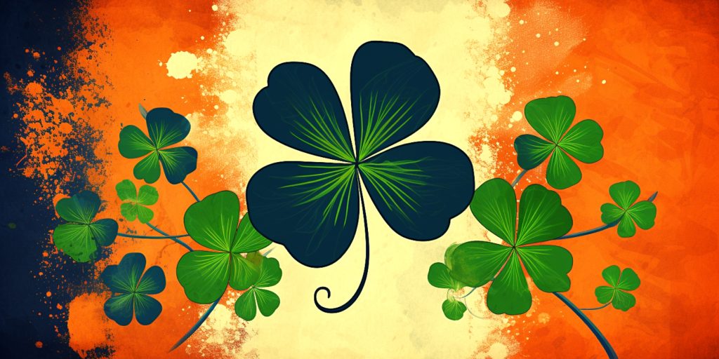 Colour illustration of shamrock in Irish flag theme