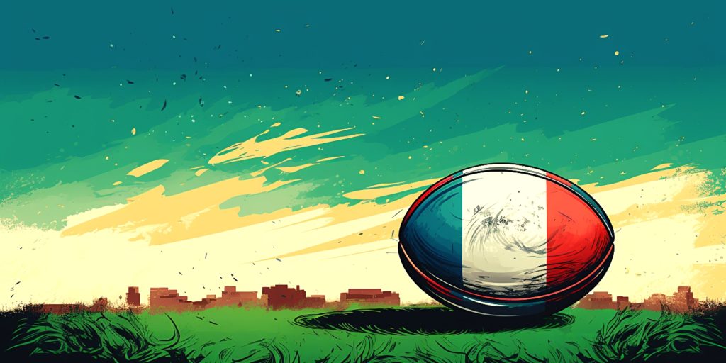Colour illustration of rugby ball in Italian flag colours