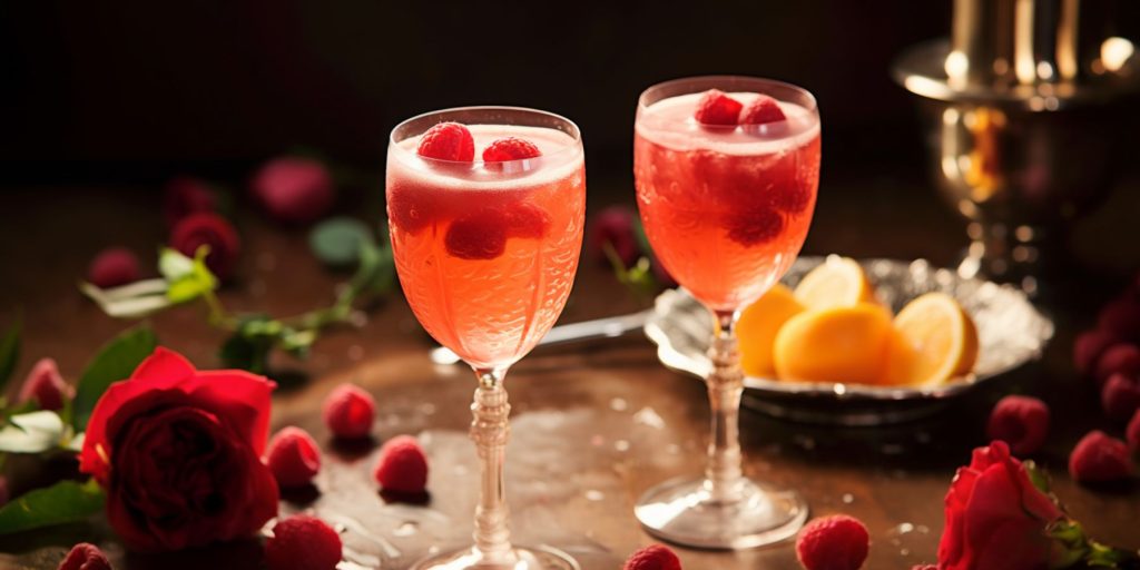 Two dainty glasses of Kirsch Royale on a table decorated with roses and fresh raspberries