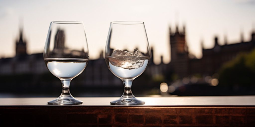 Two tasting glasses of London Dry gin on a table outside showing a typical London skyline in the background
