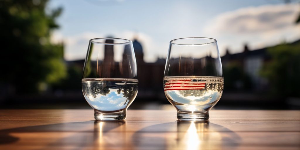 Two tasting glasses of New American gin on a table outside on a sunny day with the American flag reflected in one of the glasses