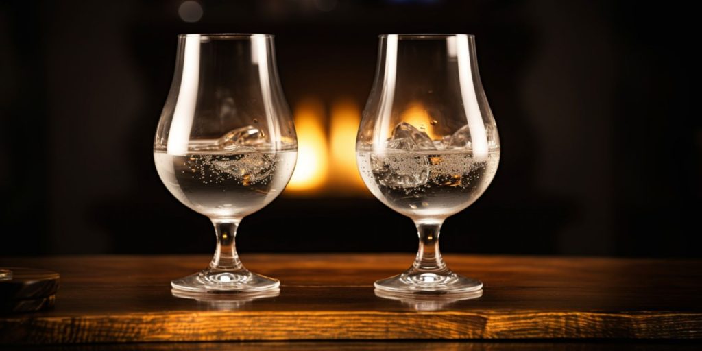 Two tasting glasses of Old Tom in a cosy pub environment on a table in front of a fire
